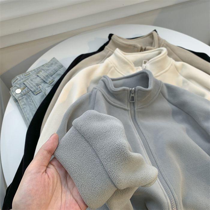 Warm Stand Collar Faux Lamb Double Face Polar Fleece Jacket Women Autumn Winter Loose Slimming Fleece Lined Thick Hoodie