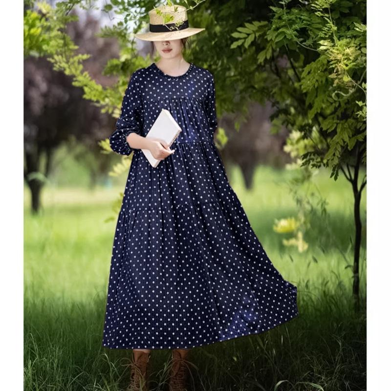 2025 spring new loose age reduction and thin splicing long dress retro printing polka dot long sleeve dress women