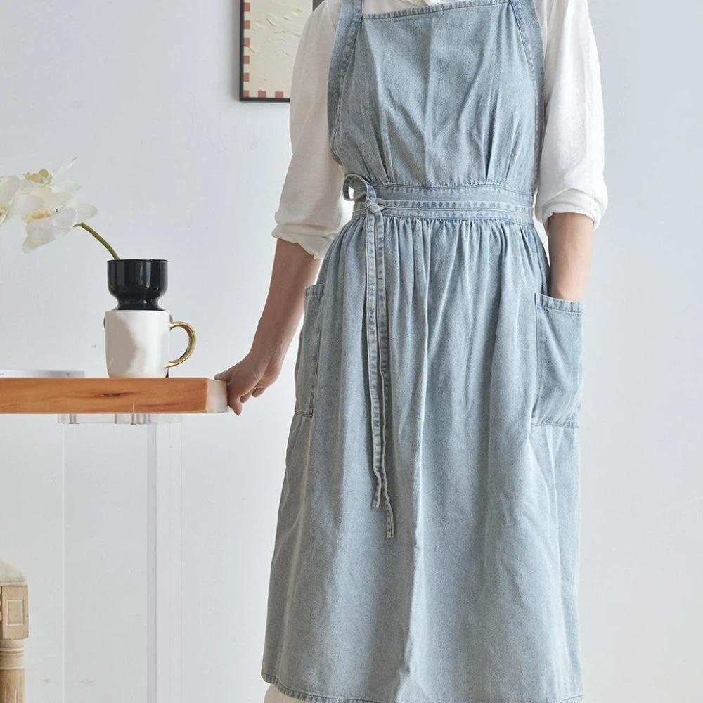 Cotton Vintage Denim Apron Stain-Resistant Cooking Apron Portable Cross Back Apron  Grilling