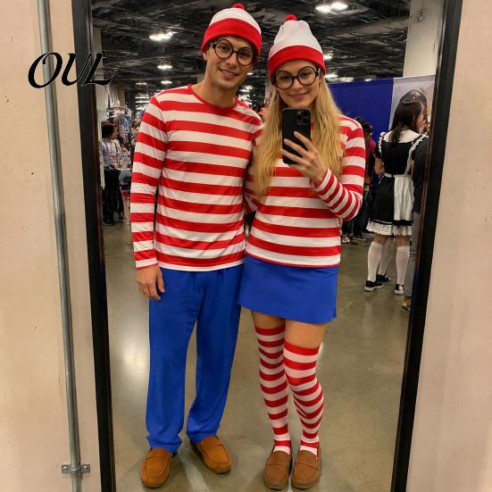 Costume Gioco di Ruolo per Bambini Adulti Halloween Camicia a Righe Rosse Bianche per Adulti Bambini, Occhiali da Secchione Outfit per Festival Cappello Incluso, Uomini Donne Bambini
