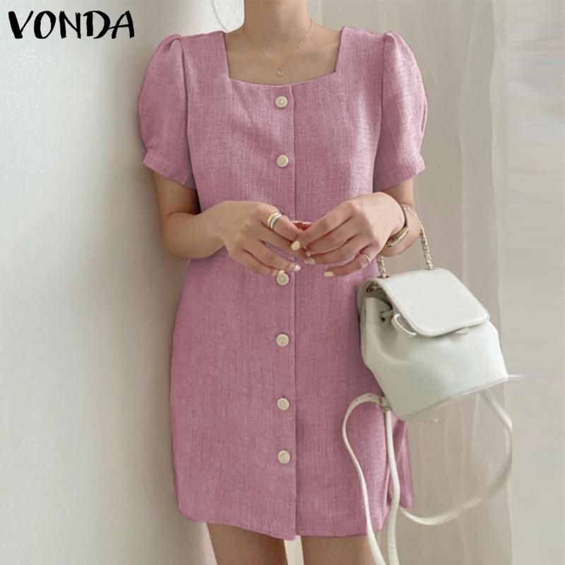 

VONDA Лето Женщины H Линия Короткая рубашка Платья Короткие пышные рукава Круглый вырез Мини Платье Плюс Размер