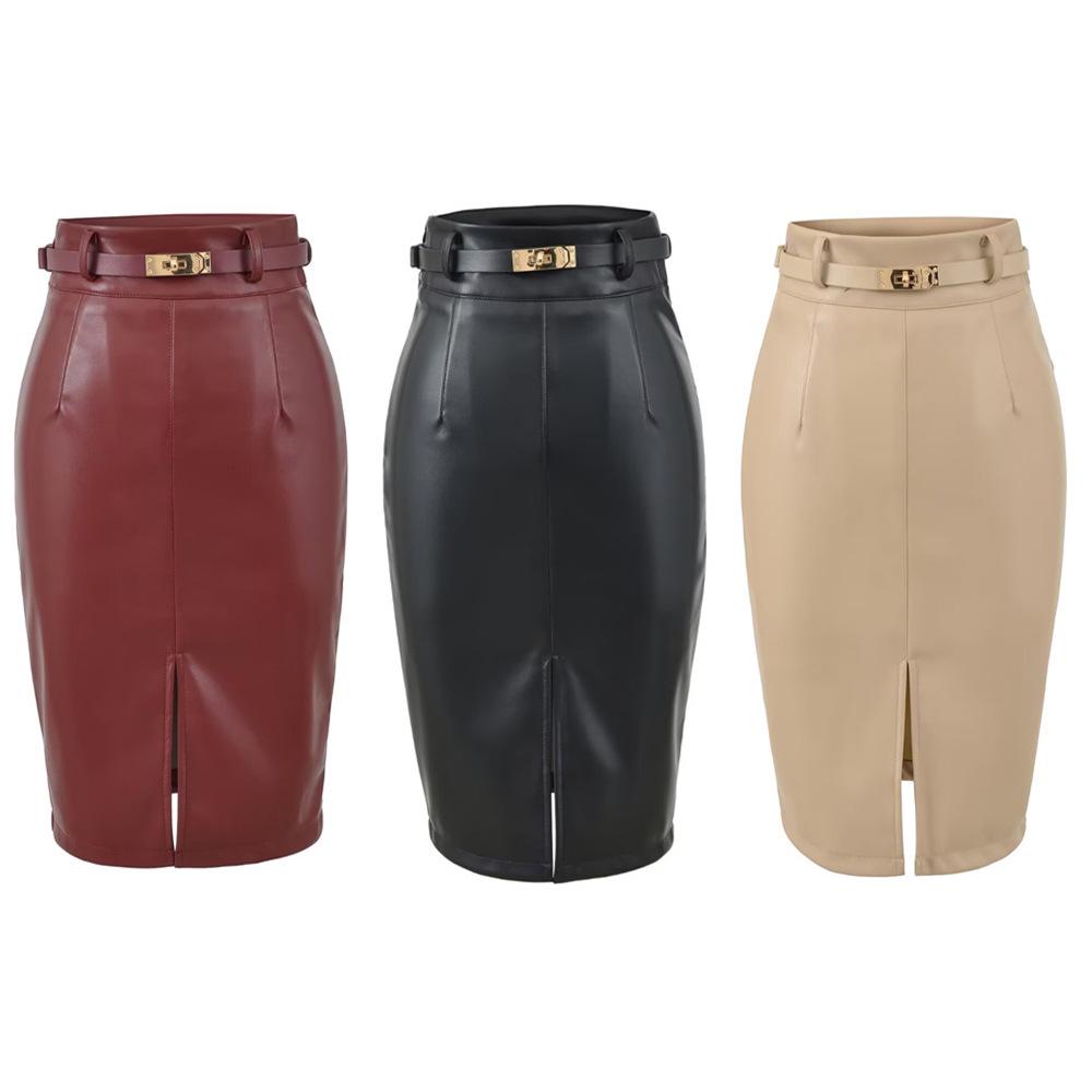 Elegante Damen Midi-Lederrock aus schwarzem PU-Leder mit Gürtel - Hoher Bund, Schlankmachender Schnitt, Schlitz vorne, Hüftbetontes Design, Perfekt für Herbst/Winter