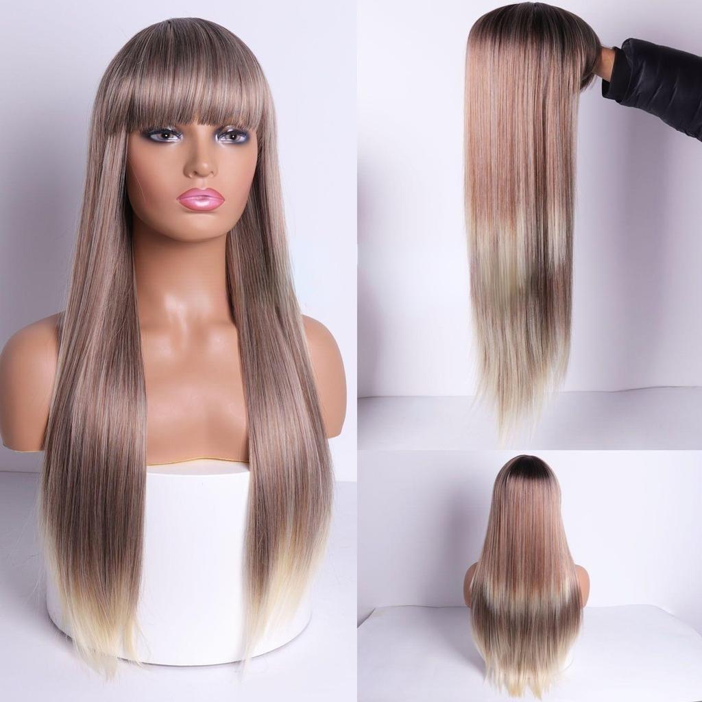 Fashion Women Synthetic Fiber Straight Hair Red Wine Wig with Bangs Long Straight Hair Wigs