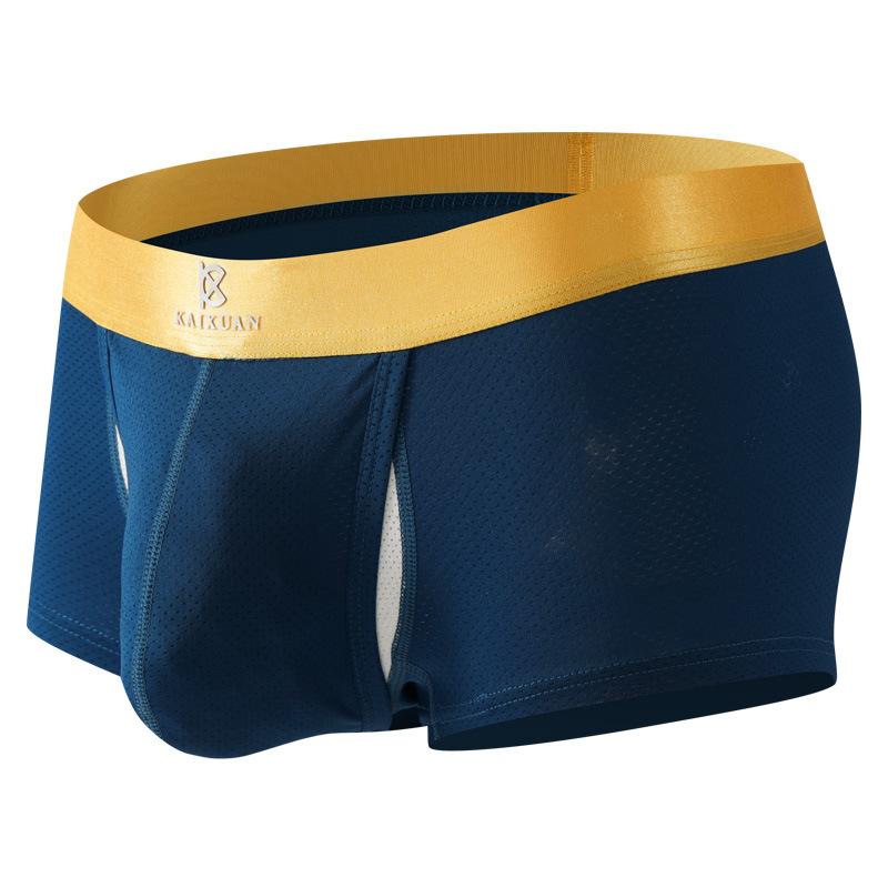Men's Spring Summer Ice Silk Space Warehouse Free From Stripping Side Opening Double U Convex Bag Quad Briefs