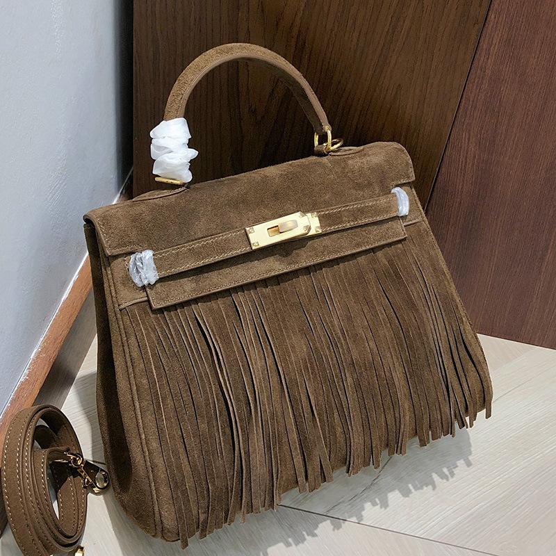 European and American Retro Suede Fringed Keli Bag 2025 New Autumn and Winter Leather Women's Bag Lock Fashion Portable Shoulder Bag