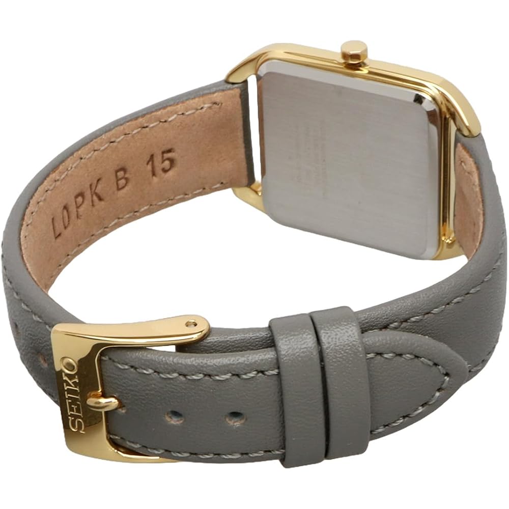 Seiko SWR090P1 Quartz Women's Square Design Watch Gold Gray Leather Band