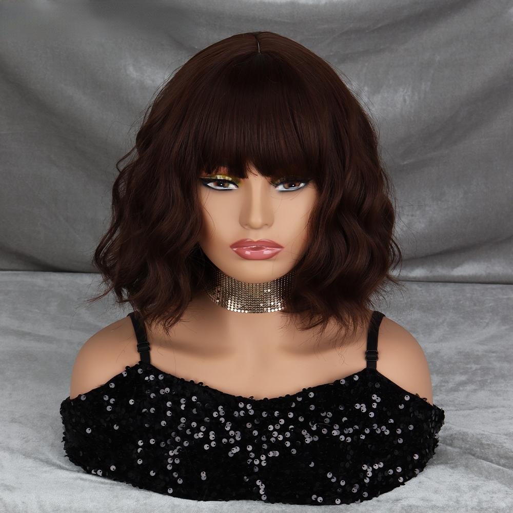 MISSQUEEN Cabelo curto ondulado com franja, cor natural, festa de feriado diária, fibra sintética, feminino