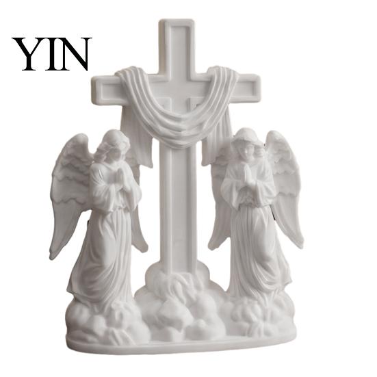Flowing Cloud Base Figurine 3D Printed Praying Angel Ornament, Dual Angels with Base, Sacred Quiet Prayer White Sculpture for Desk Table Home Office,