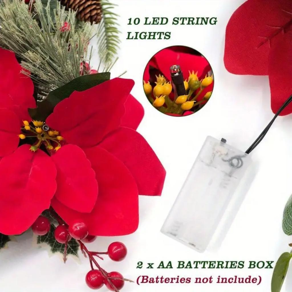 Red Poinsettia Floral String Lights Durable Plastic Holiday Lights Battery Powered Garland For Home Indoor Outdoor Decor
