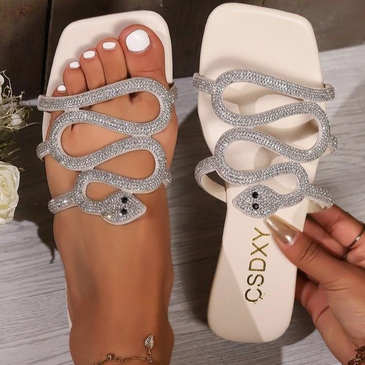 Rhinestone flat-bottomed slippers women's square head one pedal home slippers foreign trade large size FlatSlippers