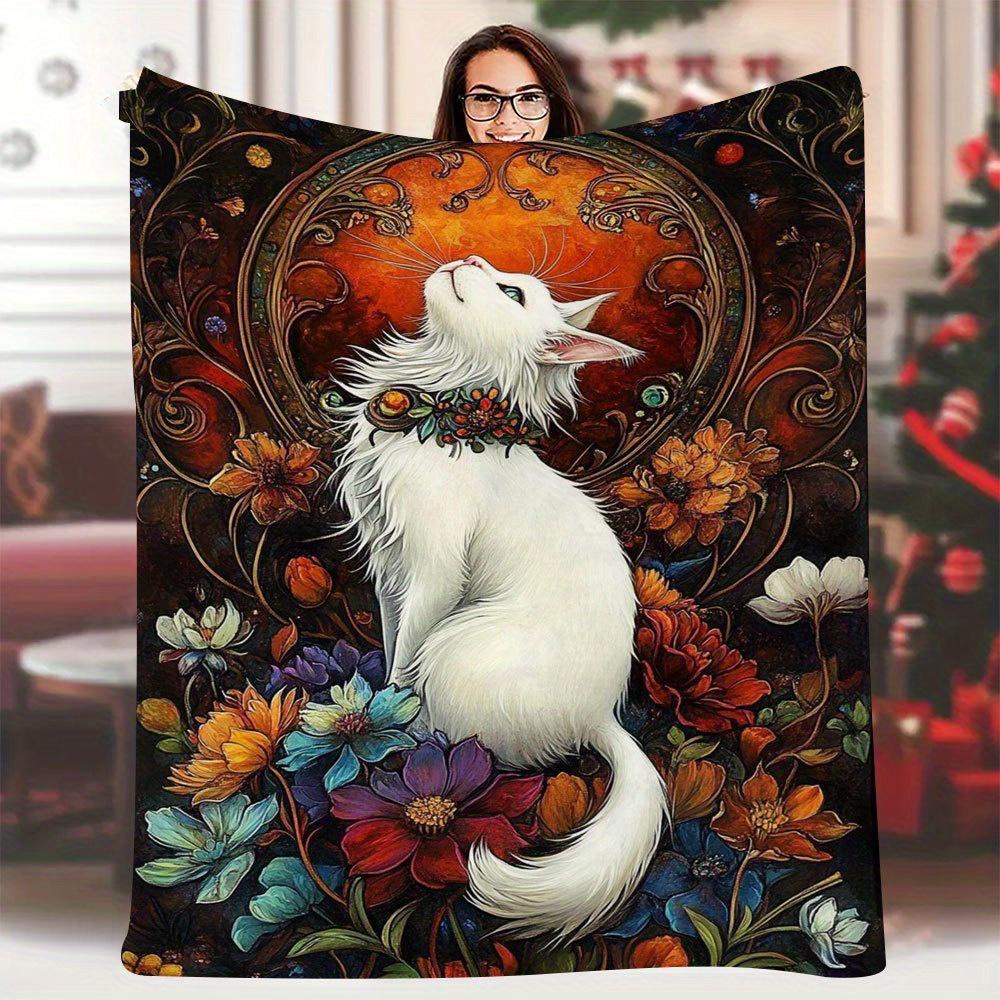 

1pc Vintage-Style 60x80 Inch Cotton Blanket with White Cat & Floral Design - Perfect for Napping, Camping, and Traveling 70x100cm28x39in