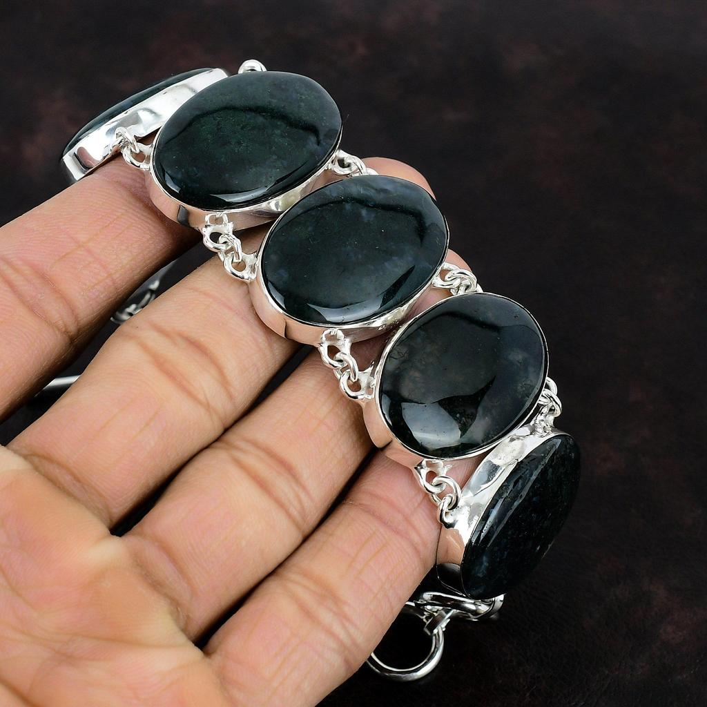 Moss Agate Bracelet Natural Gemstone Bracelet 925 Sterling Silver Bracelet Adjustable Chain Bracelet Handmade Brand New Jewelry Gift For Dad