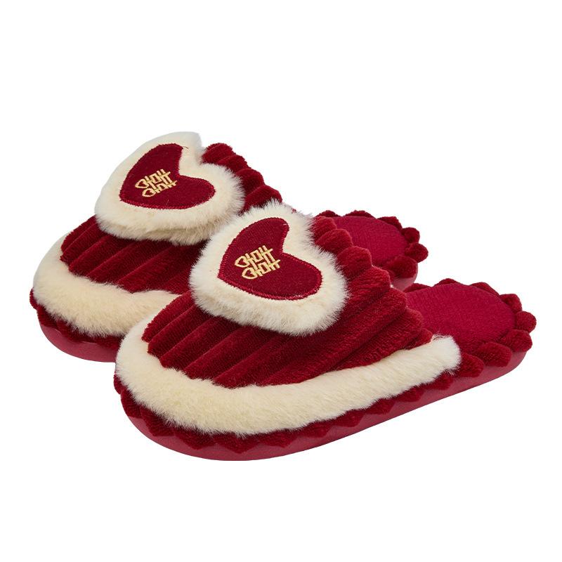 Wedding celebration red pair of cotton slippers antibacterial winter new wedding bride dowry couple hairy cotton drag