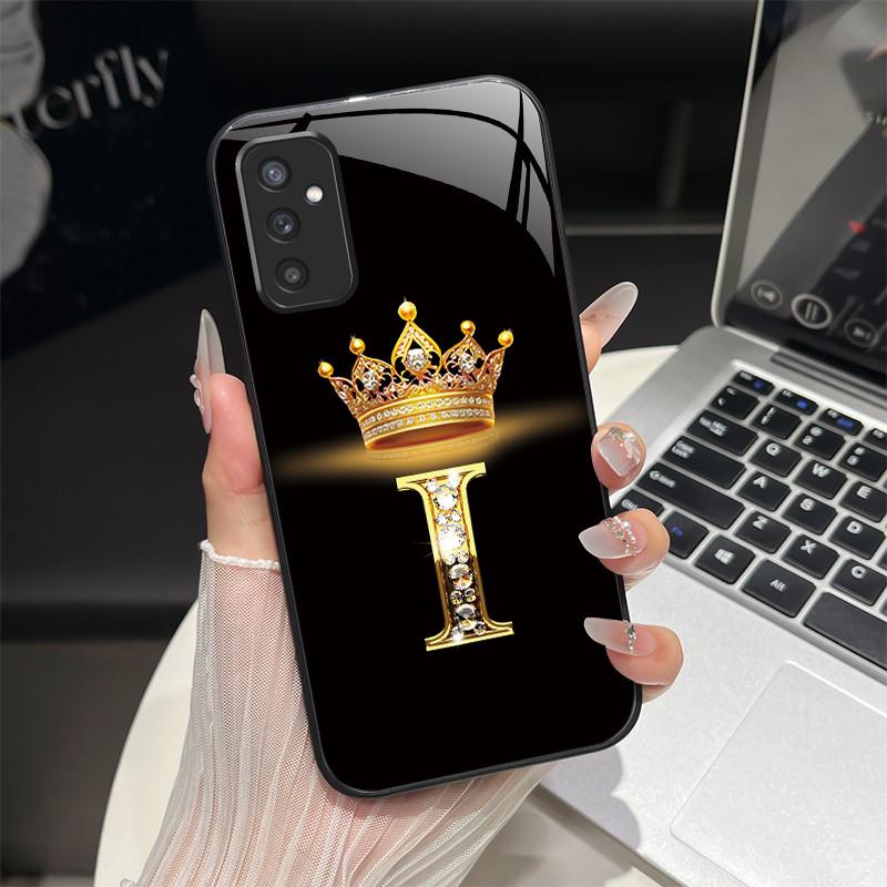 For Samsung M52 5G Case Galaxy M14 SM-M526B SM-M146B Phone Case ShockProof Fashion Initial Letter Hard Tempered Glass Back Cover