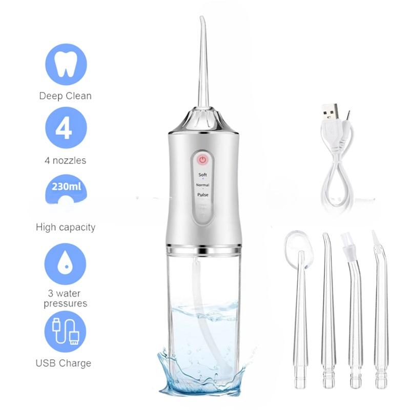 Portable USB Rechargeable Oral Irrigator IPX7 Waterproof Water Flosser 3 Modes 220ml 4 Jet Tips Dental Water Jet