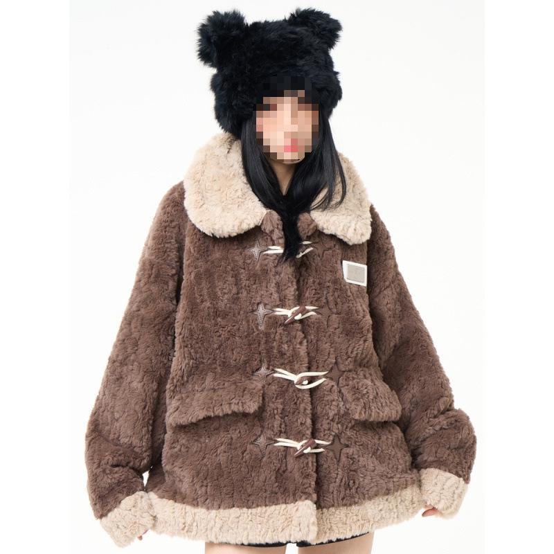 2024 Y2K Lamb Wool & Leather Mid-Length Plush Duffle Coat for Women