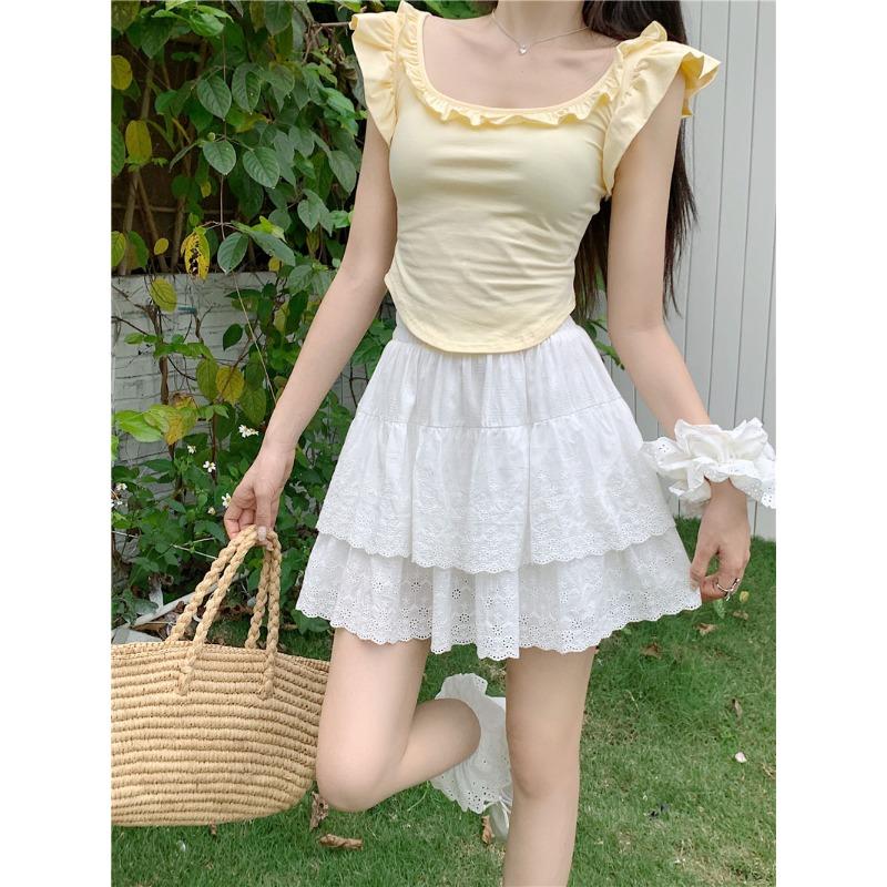 DX~~Gentle Wind Fluffy Cake Skirt Women's Summer High Waist Slim Hollow Lace A-line Half skirt