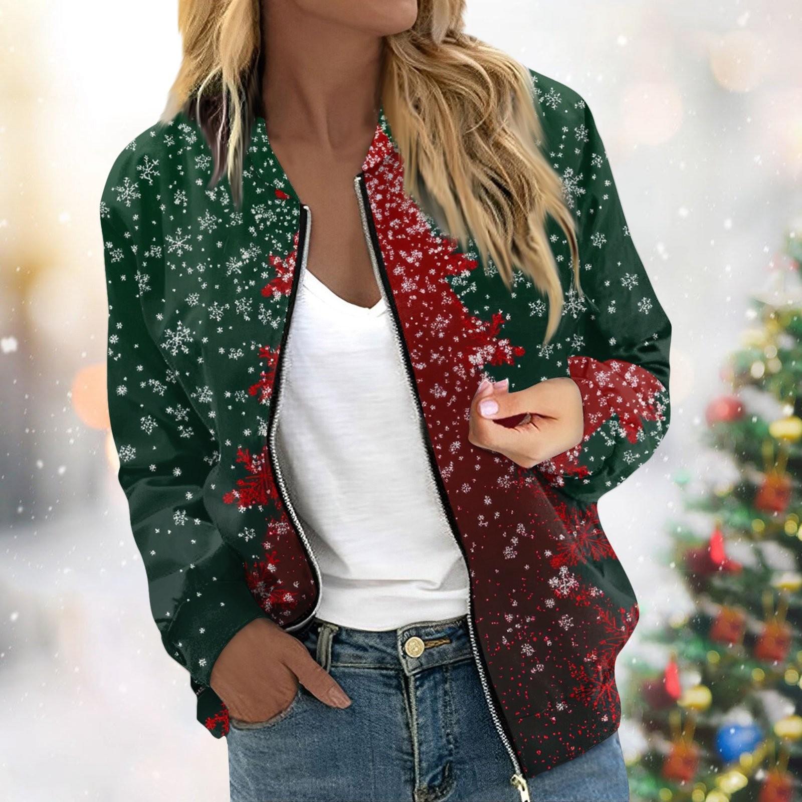 

Женская легкая короткая куртка с длинными рукавами на молнии с принтом, повседневная стеганая куртка с карманами, рождественская M