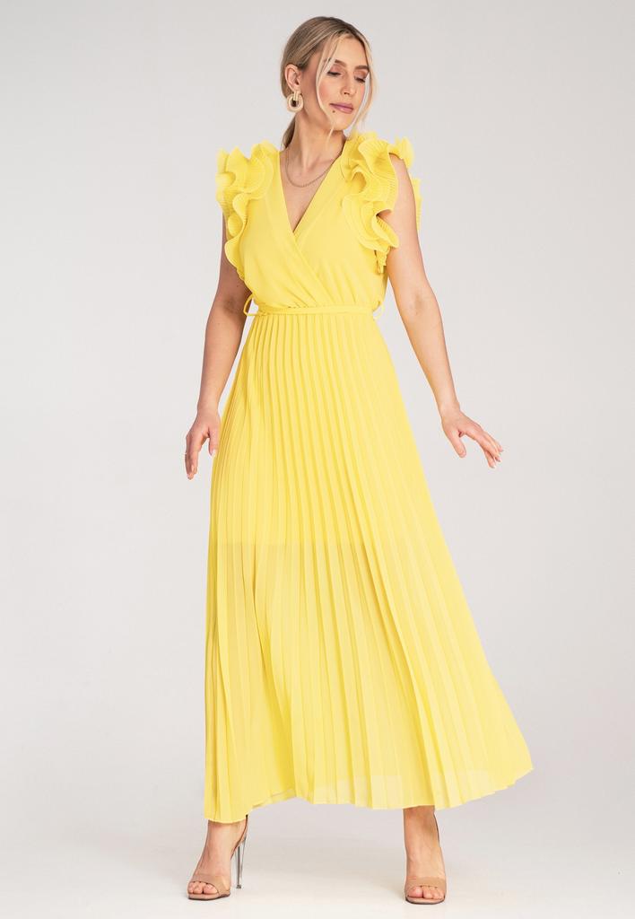 Plisowana Sukienka Maxi - Sukienka Z Falbanką Na Rękawach - Żółta Sukienka M1189 R. S/M
