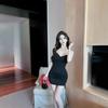 Autumn and Winter Sexy Celebrity Low-cut Hip-wrapped Short Cotton High-elastic Base Solid Color Versatile Suspender Dress Women