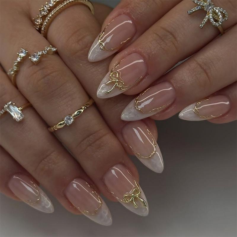 French Wearable Almond Bow Nails with Gold Edge and Elegant Design
