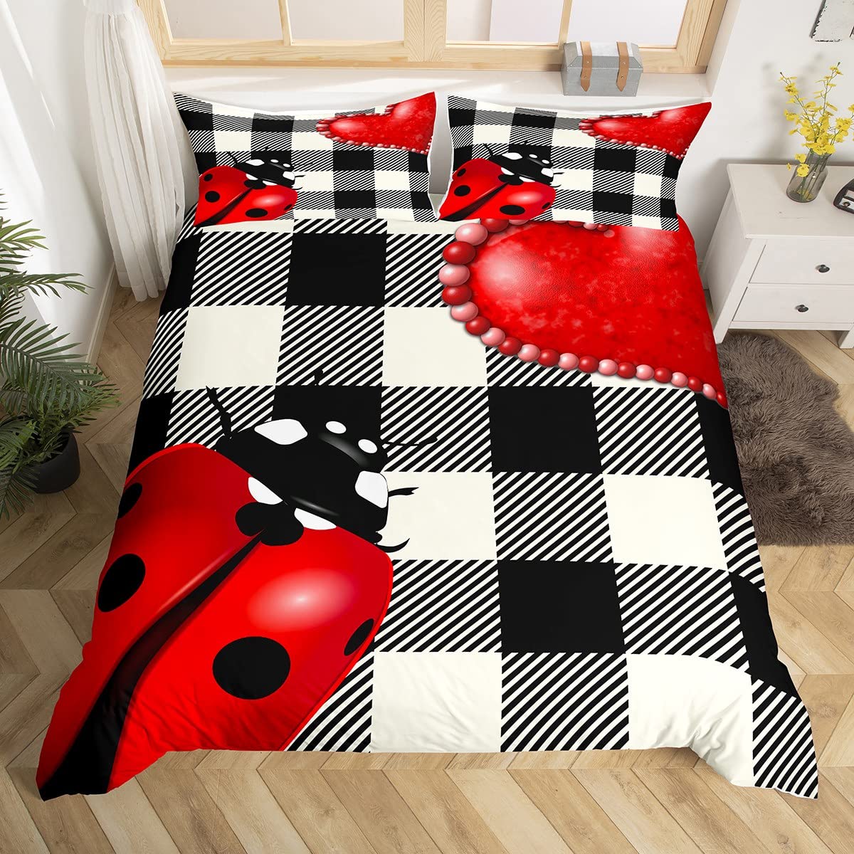 

Ladybug Comforter Cover Set Ladybug On Green Leaf Duvet Cover Wild Wildlife Theme Microfiber Bedding Set 3Pcs For Kids Teens EU Single(135*200cm)3pcs