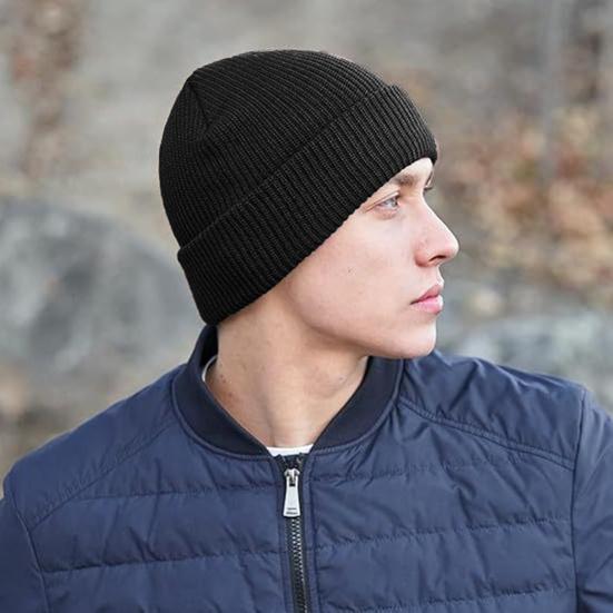 Men Hat Winter Warm Wool Knit Hat Solid Color Thickened Velvet Lining Hat Outdoor Sports Skiing Cycling Hat