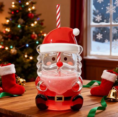 Christmas-themed Glass Straw Cup With Cute Transparent Design And A Green Hat - An Adorable Water Bottle.