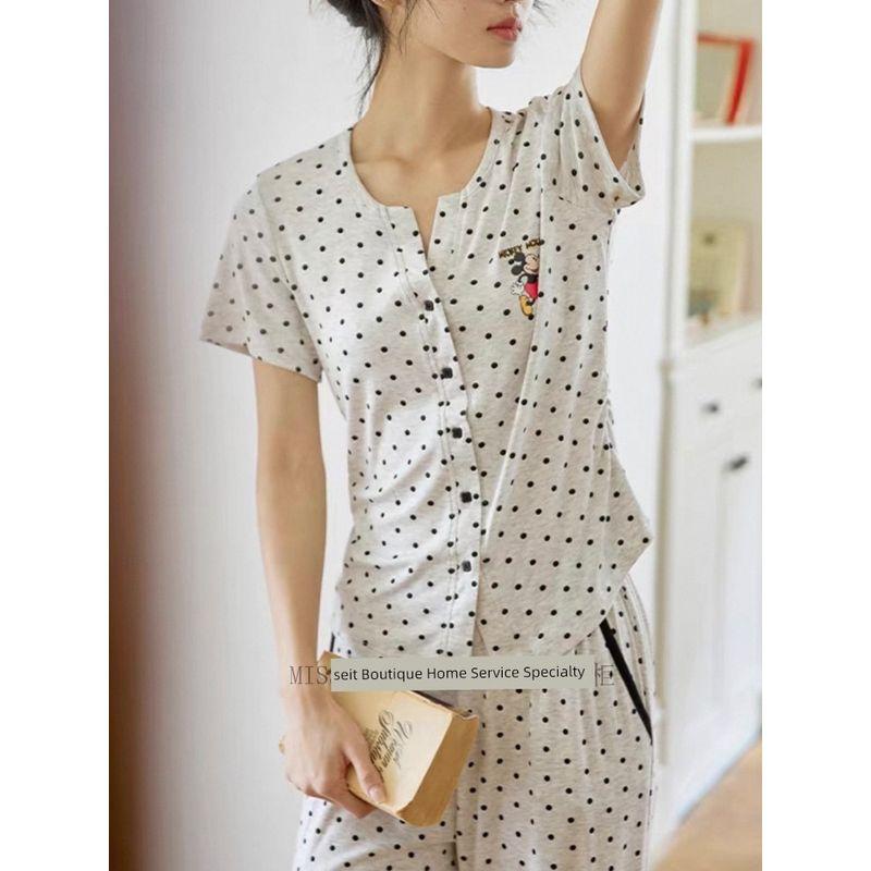 

Disney ~ Polka Dot Mickey Short sleeve Trousers White Pajamas Women s Suit Soft Skin-friendly Cotton Homewear Grey Poppy Short Sleeve pants XL(62.50kg)