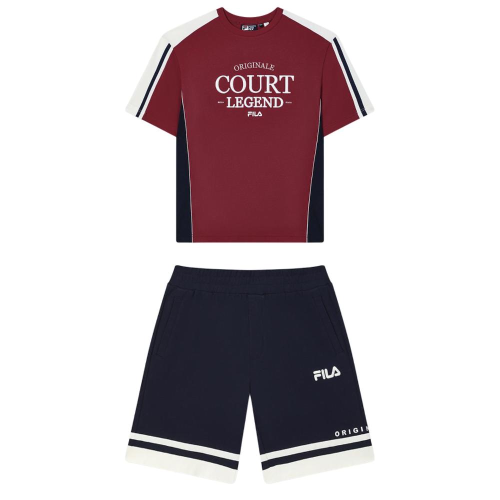 

Fila Футболка с коротким рукавом крупной вязки, модный удобный спортивный костюм кэжуал для мужчин, шорты до колена F11M439114F-RD+F11M439602F-DB L