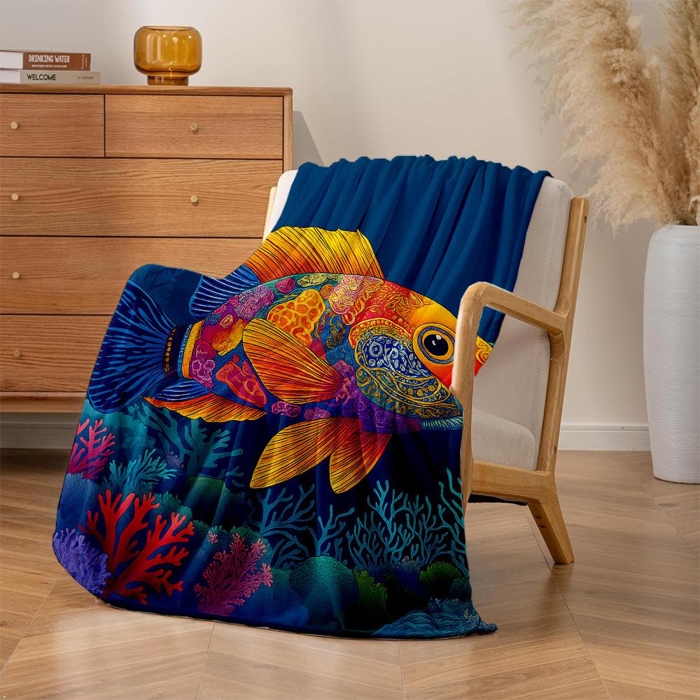 1pc Tropical Fish Coral Reef Print Flannel Blanket - High Weight Soft Warm All-Season Throw with Vibrant Underwater Design, Mach