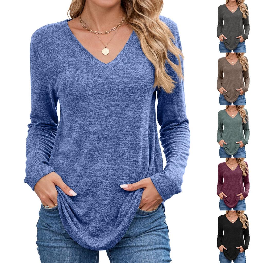 Fall Winter New Solid Color V-Neck Loose Long Sleeve T-Shirt Top for Women Cross-Border Casual Wear Ready to Ship