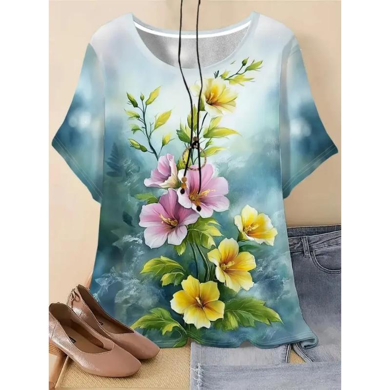 Модная женская футболка с круглым вырезом 3D Цветная печать Круглый вырез Короткий рукав XS