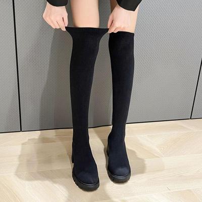 Lucyever Herfst Winter Dames Over de Knie Soklaarzen 2024 Stretch Gebreid Dikke Hakken Lange Laarzen Vrouw Slip On Platform Schoenen