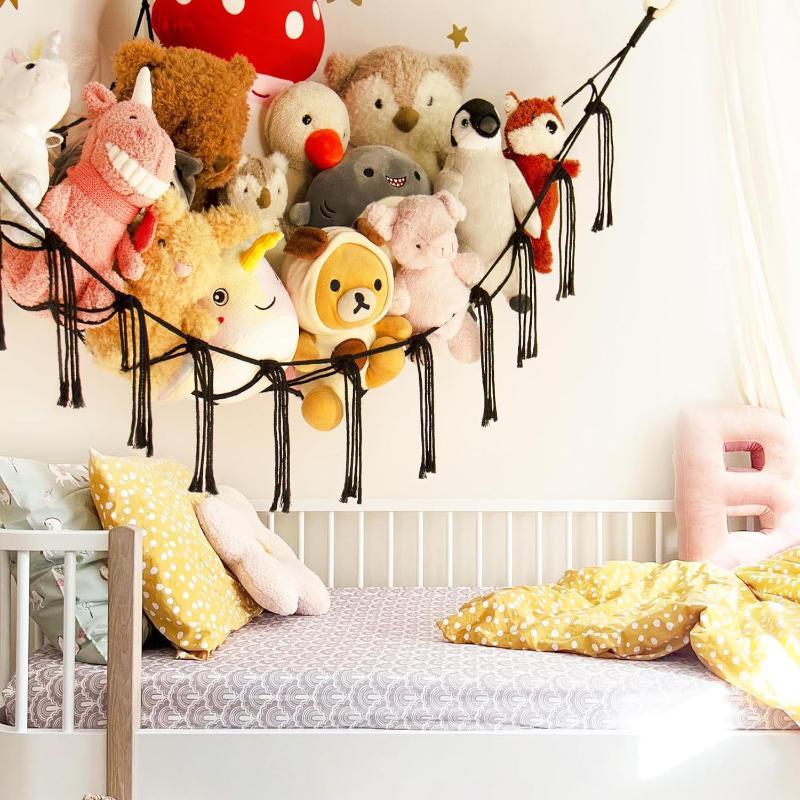 Boho Tassel Toy Hammock Wall Corner Hanging Storage Net Durable Cotton Woven Organizer for Kids Room Nursery Home Decor