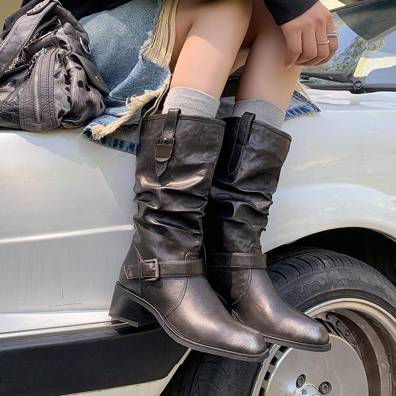 Belt Buckle Western Cowboy Boots Women's 2025 New Brown Short Boots Soft Leather Medium Tube Riding Boots Thick Heel Martin Boots
