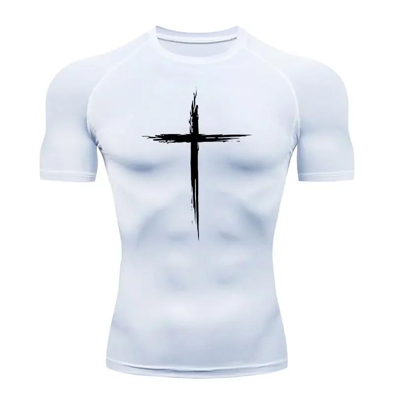 Men's Quick Dry Cross Print Sportswear Running Compression Tee Shirt Athletic Muscle Tshirt Fitness Gym Undershirt Sport Top