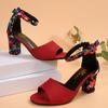 Fashion Summer New Thick Heel Sandals for Women Round Head Open-toe Line with Printed Non-slip Wear-resistant Fish Mouth High Heels