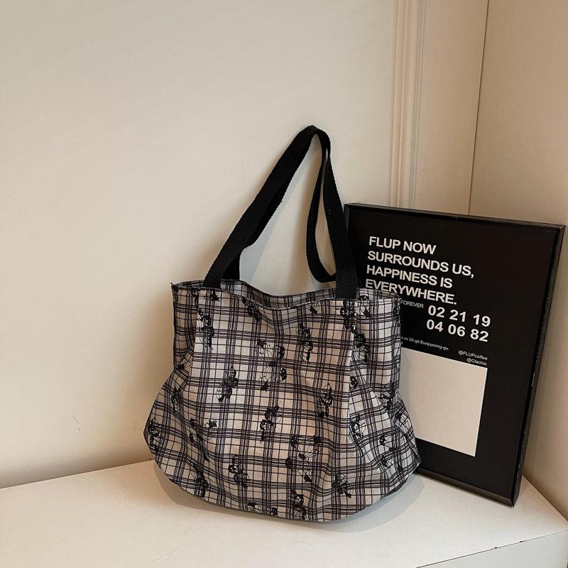 Tote Bag Large Capacity Lace Literary Plaid Floral Simple Women Portable Storage Bag Shoulder Bag