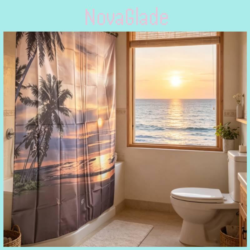 Beach Landscape Shower Curtain With Polyester Material Modern Style For Bathroom Decor