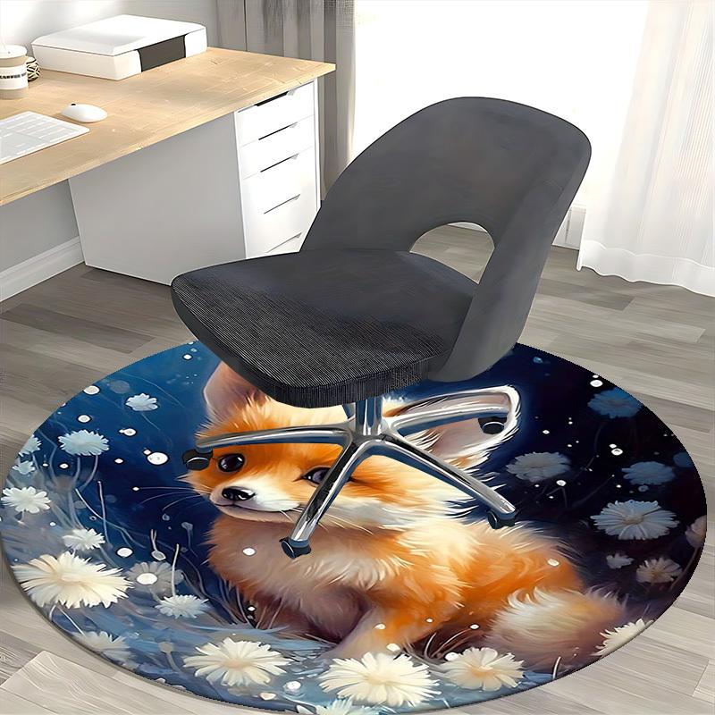 1pc Anime Fox with White Flowers Round Carpet Office Chair Mat, Non Slip Rug for Home Decor, All Seasons