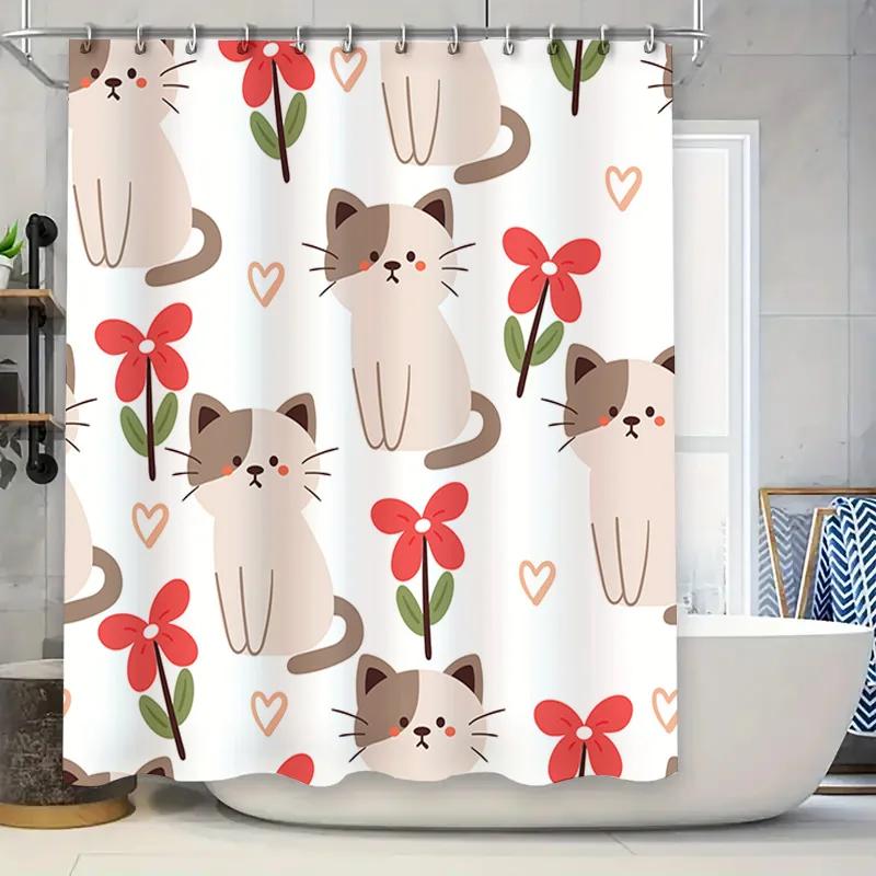 

Cute Cat Flowers Bath Shower Curtain Waterproof Fabric Decor For Bathroom Modern Home Decoration Accessories Available In Variou W60H190(CM)-1 Pcs