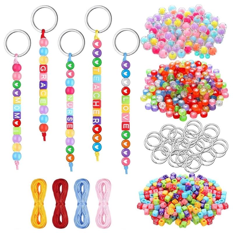 DIY Beaded Keychain Craft Kit, 566-Piece Set with Letter Beads, Cords and Metal Key Rings for Personalized Name Designs