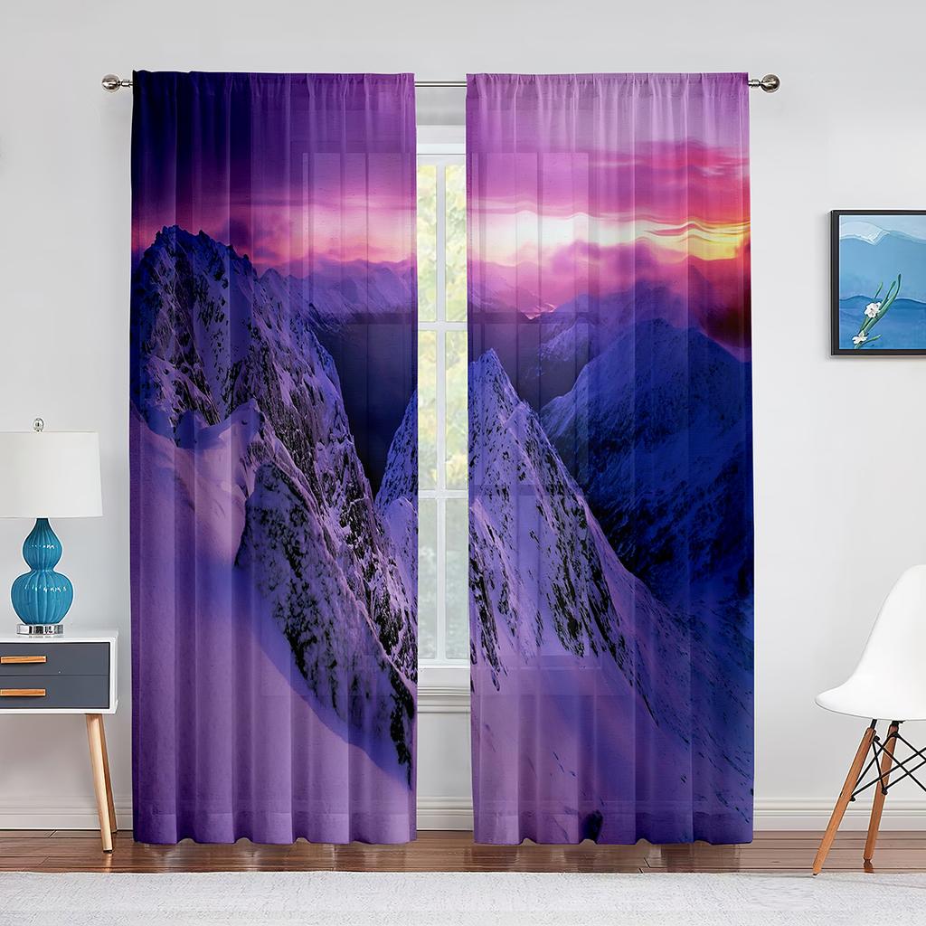 Snow Mountain Dreamy Dusk Scenery Sheer Curtain for Living Room Bedroom Voile Drape Kitchen Window Tulle Curtains Home Essential