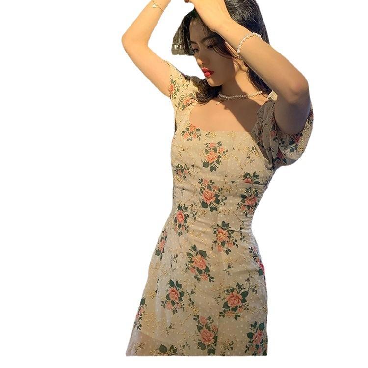 French coffee break medium and long skirt new design sense niche square neck bubble sleeve floral dress women's summer