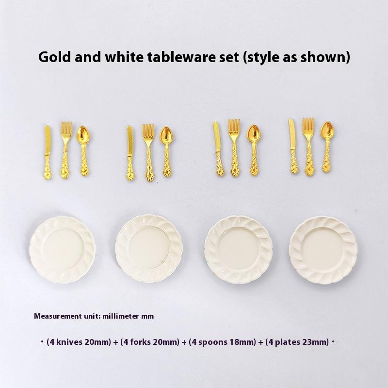 1/12 Scale Miniature Dollhouse Cake Dish with Knife Fork Spoon Set - DIY Decoration Doll House Accessories for 1/12 Scale Models