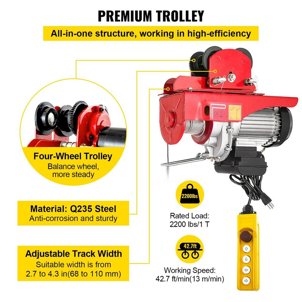 Electric Wire Rope Hoist with Trolley, Electric Wire Rope Hoist with Trolley Remote Control Industry 1000KG/2200LBS Capacity