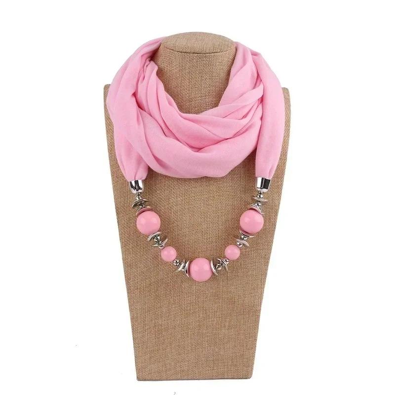 Fashion Vintage Scarf Necklace Ethnic Chiffon Solid Color Tassel Gorgeous Beaded Pendant Jewelry Necklace Scarf Accessories Gift