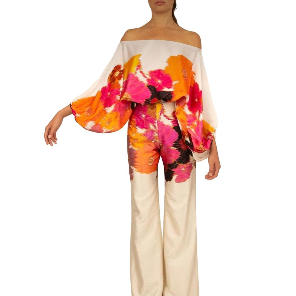 D9713 Women's Casual Satin Print One-Shoulder Top & Long Pants Two-Piece Set