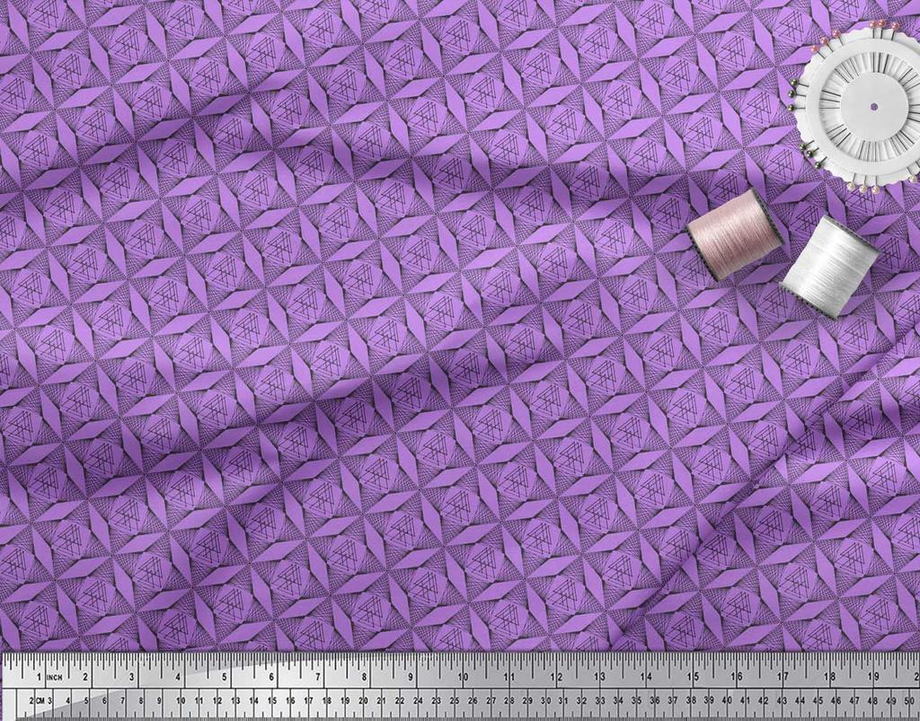 Soimoi Purple Japan Crepe Satin Fabric Triangle Geometric Decor Fabric Printed metre 42 Inch